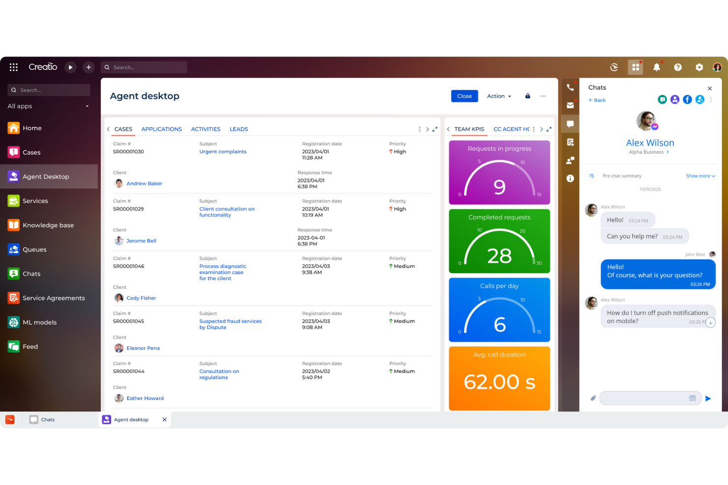 Creatio CRM screenshot - 24 Meilleurs logiciels de gestion de tickets de service client de 2026