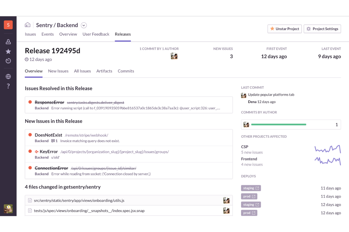 Sentry screenshot - 10 Meilleurs Concurrents de Dynatrace Passés en Revue en 2026