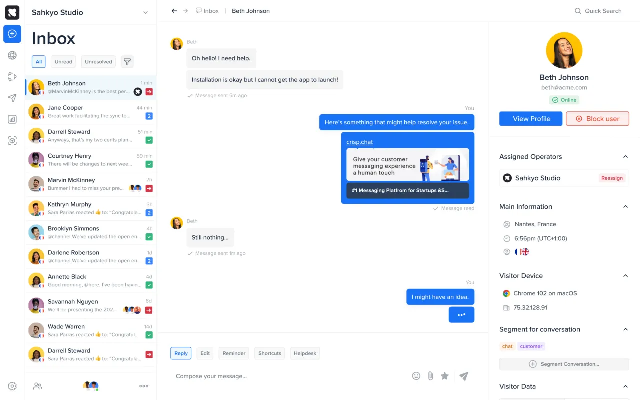 Crisp screenshot - 22 meilleures alternatives à Intercom examinées en 2026
