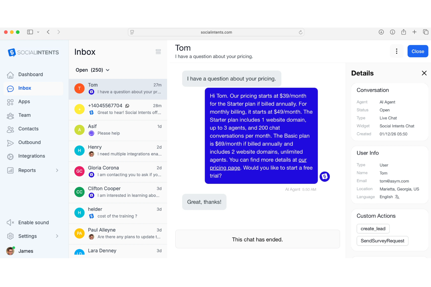 Social Intents screenshot - 10 migliori soluzioni gratuite di chat dal vivo nel 2026