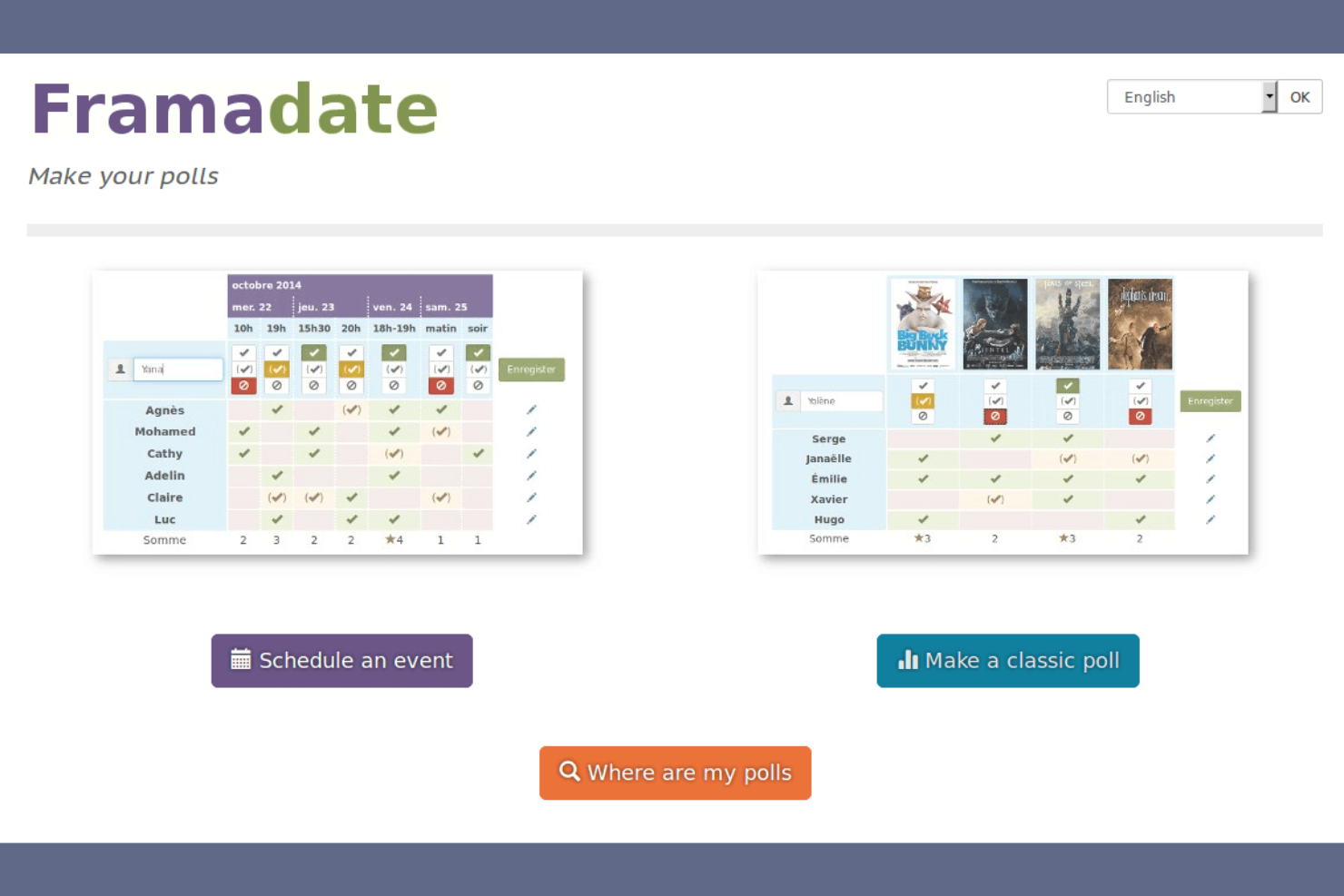 Framadate screenshot - 10 migliori alternative a Doodle per il 2026