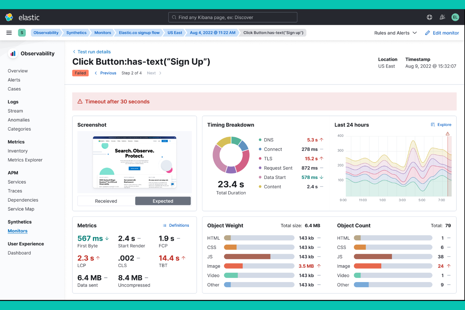 Elastic Observability screenshot - 10 Migliori alternative a New Relic nel 2026