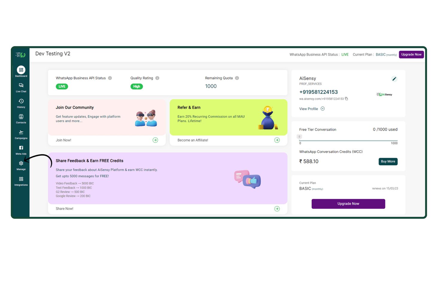 AiSensy screenshot - 10 Mejores Alternativas a Twilio para 2026
