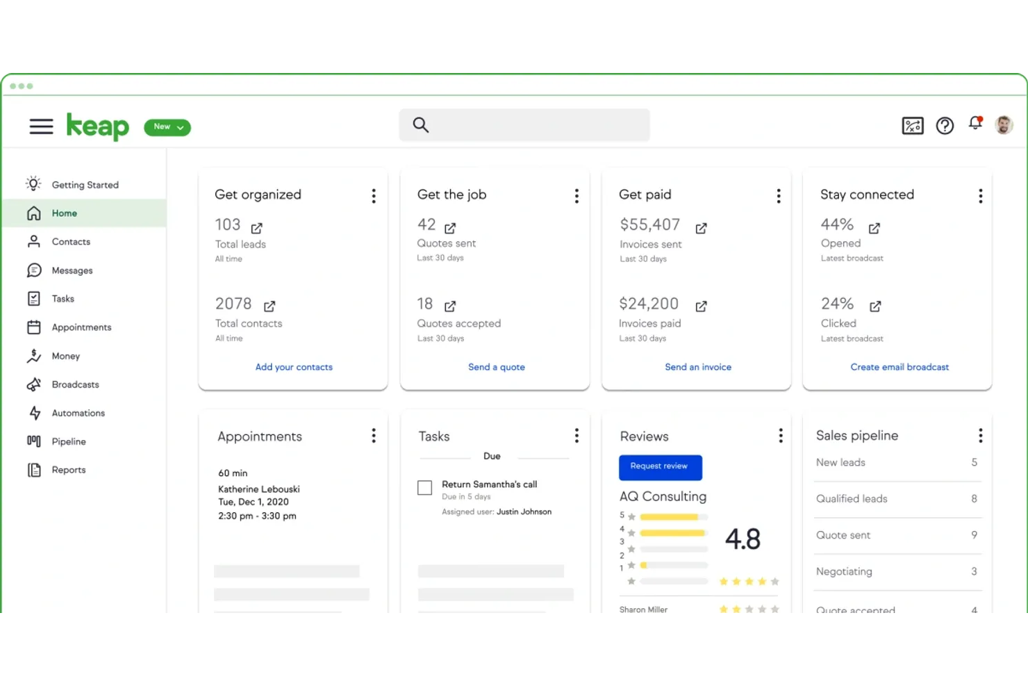 Keap CRM screenshot - 10 CRM per Piccole Imprese per 2026