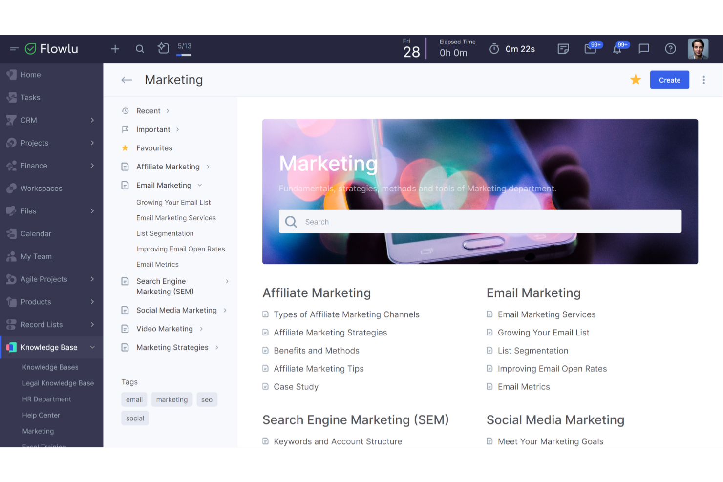 Flowlu screenshot - 10 migliori software gratuiti per basi di conoscenza recensiti nel 2026