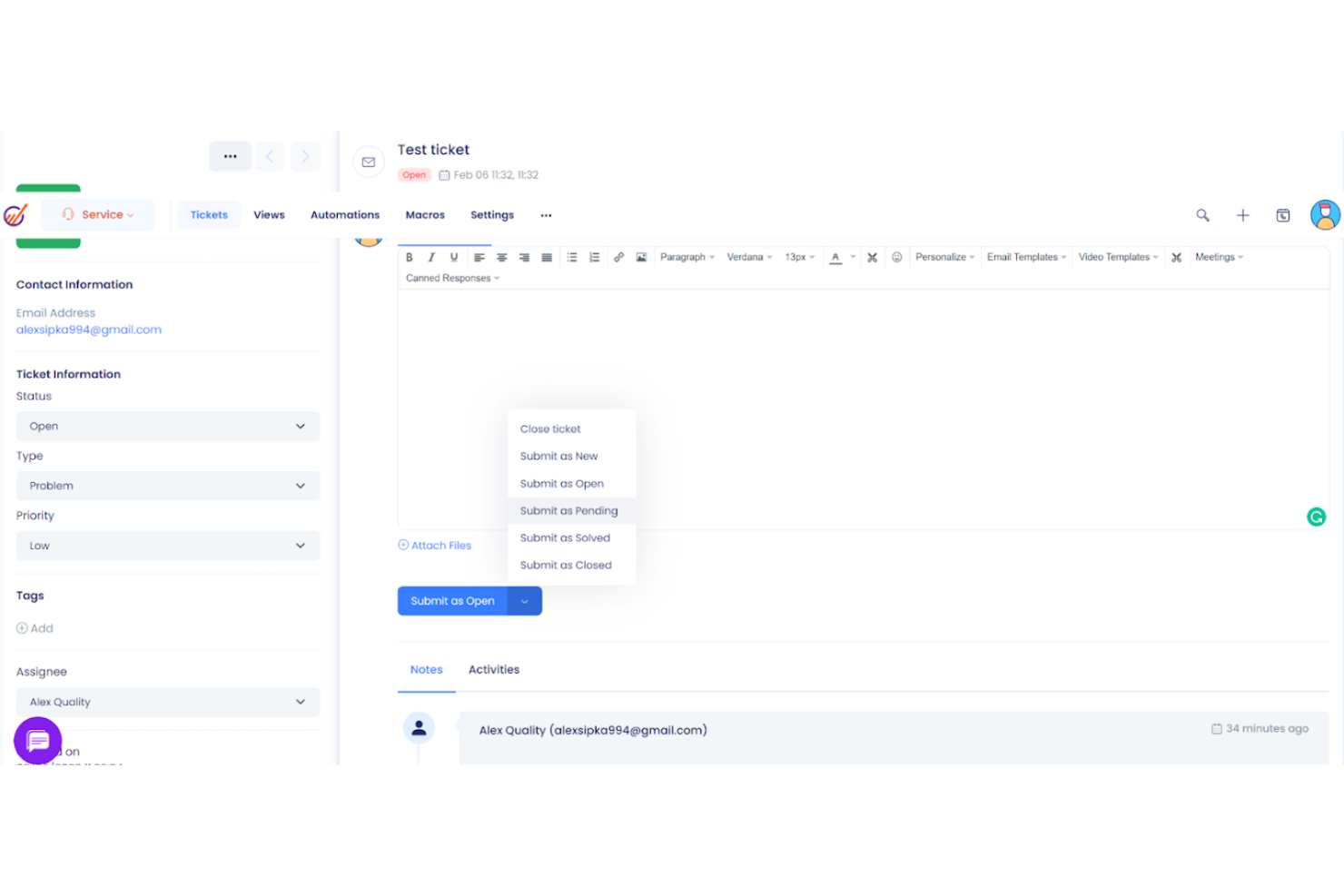 EngageBay screenshot - 10 migliori sistemi di ticketing gratuiti recensiti nel 2026