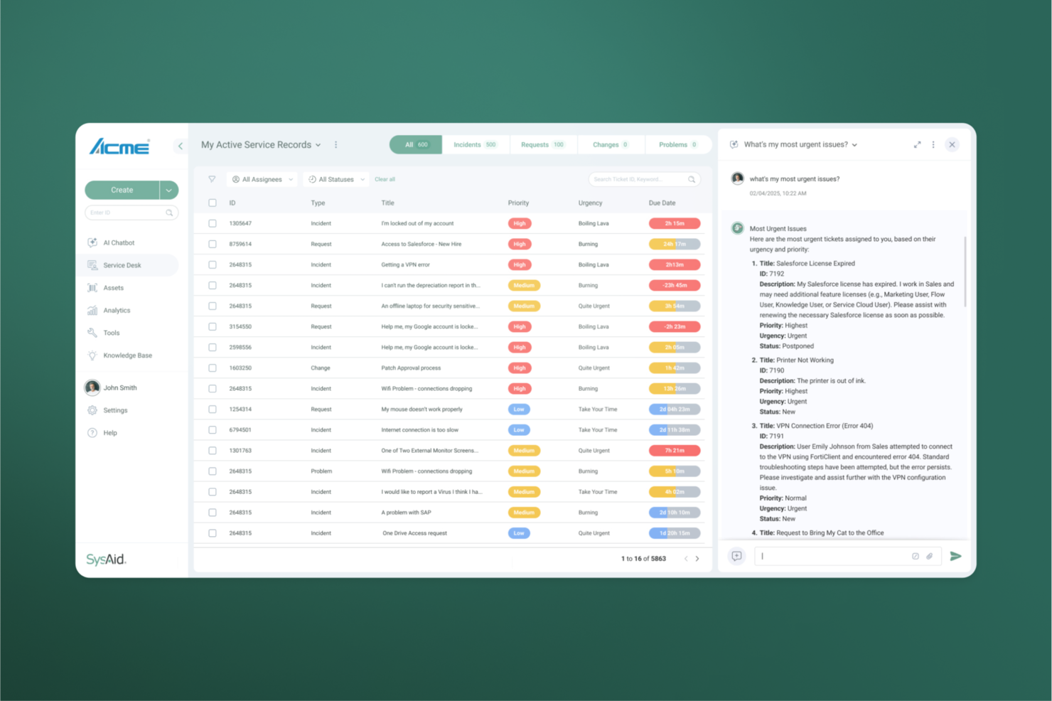 SysAid screenshot - 10 migliori sistemi di ticketing gratuiti recensiti nel 2026