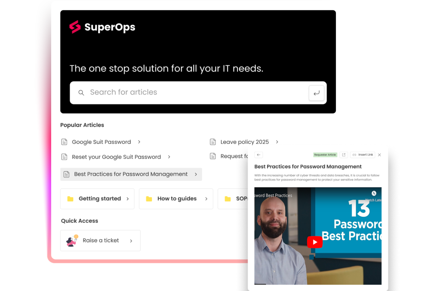 SuperOps screenshot - 10 Mejores Bases de Conocimiento de Mesa de Ayuda de 2026: Comparadas