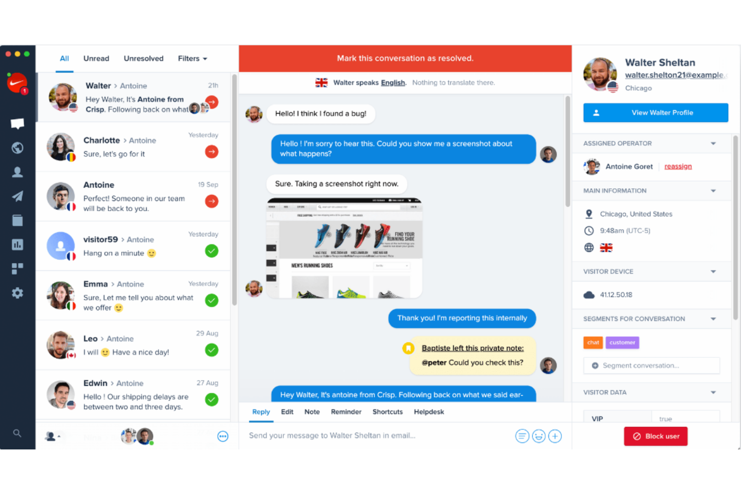 Crisp screenshot - 10 Migliori piattaforme di messaggistica per clienti per team nel 2026