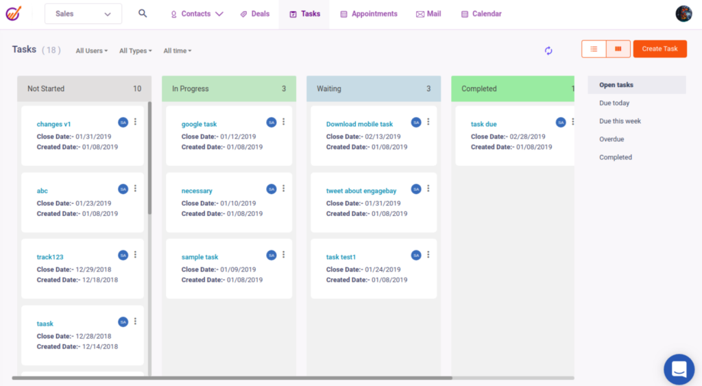 EngageBay screenshot - 10 Mejores Software de Seguimiento de Atención al Cliente en 2026