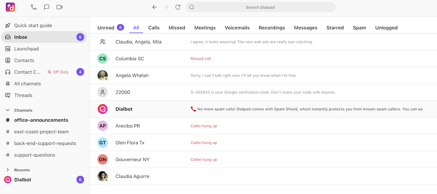 Dialpad screenshot - 10 migliori software per call center outbound del 2026