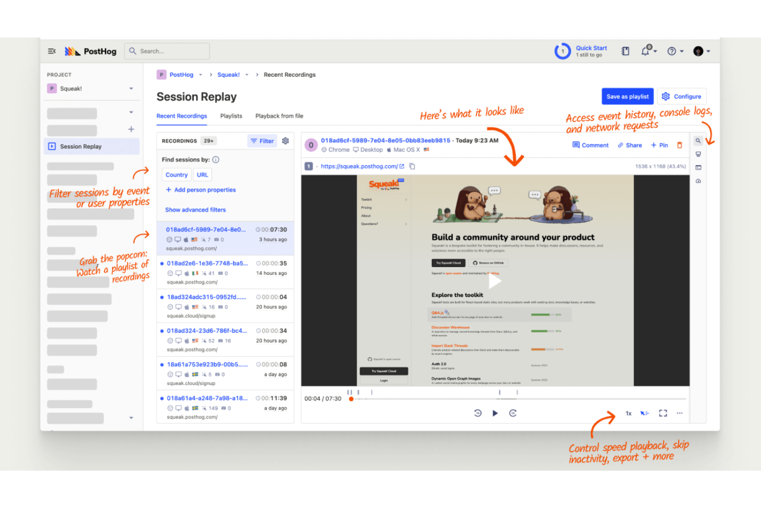 PostHog screenshot - 10 migliori piattaforme per registrare le sessioni recensite nel 2026