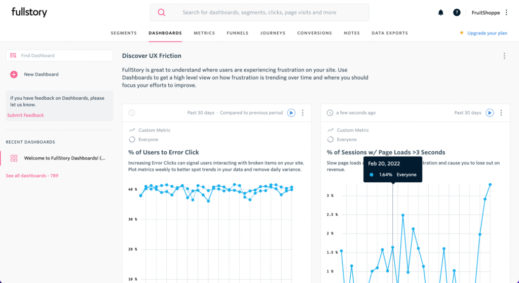 Fullstory screenshot - 10 Migliori Strumenti di Analisi Siti Web per Statistiche Visitatore nel 2026