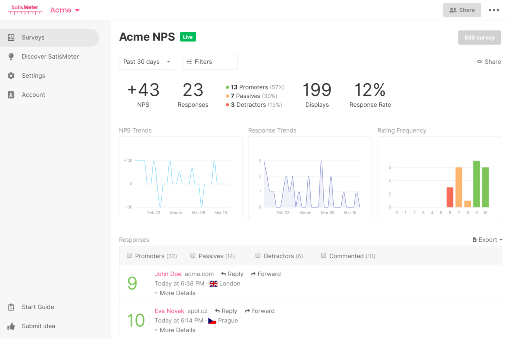 SatisMeter screenshot - 10 Mejores software y herramientas de encuestas NPS de 2026