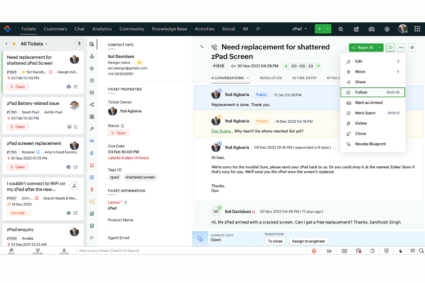 Zoho Desk screenshot - 10 migliori alternative a osTicket recensite nel 2026