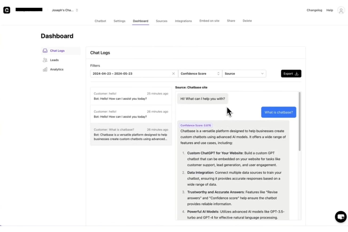 Chatbase screenshot - 10 migliori soluzioni di live chat per siti web nel 2026