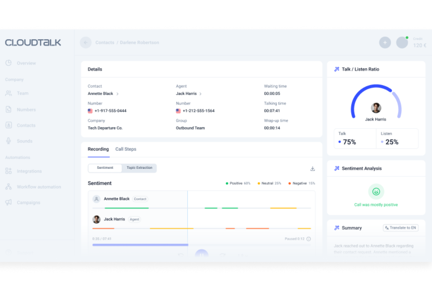 CloudTalk screenshot - 10 Mejores Opciones de Software de Gestión de Calidad para Centros de Llamadas en 2026