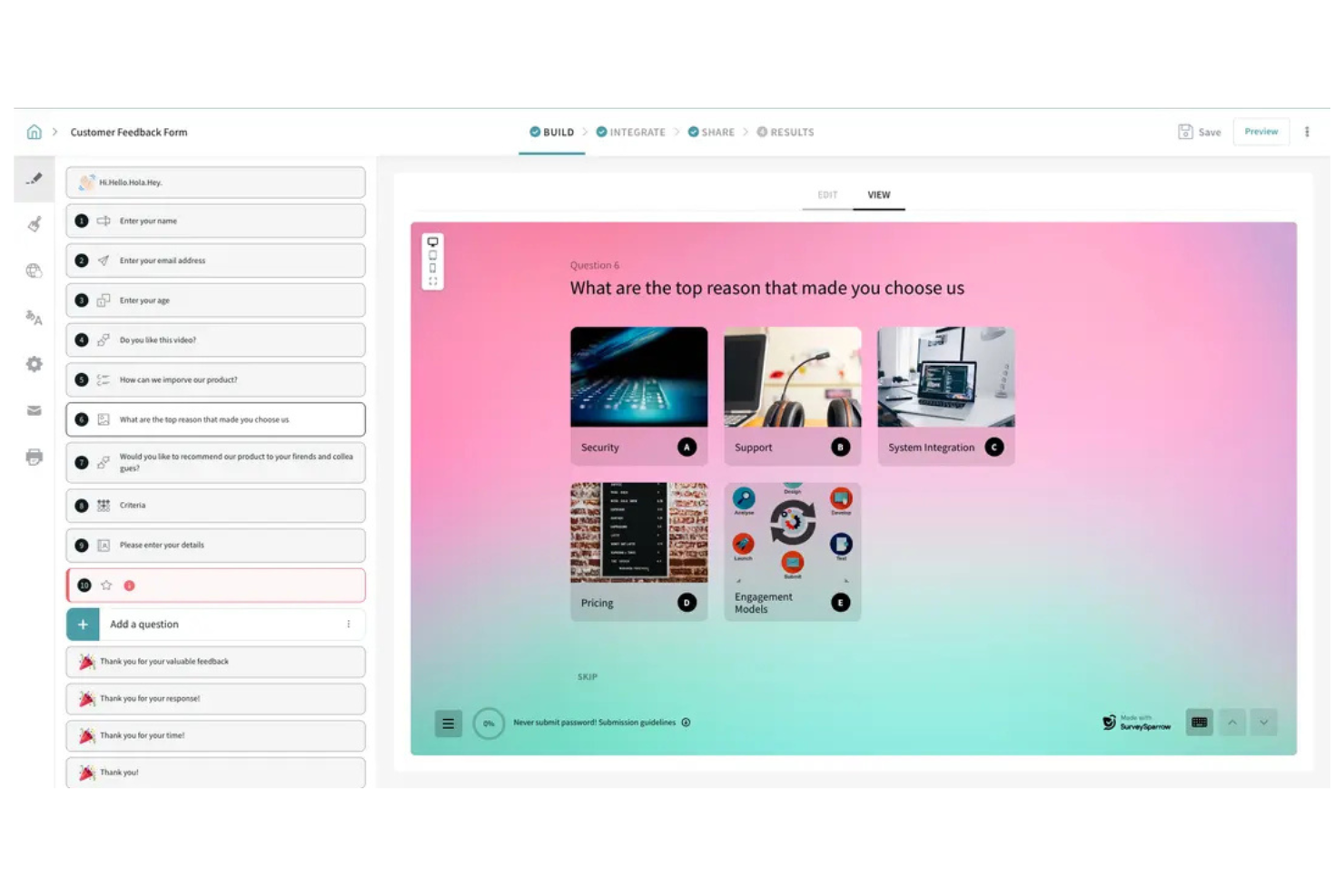 SurveySparrow screenshot - 10 Mejores alternativas a Typeform en 2026