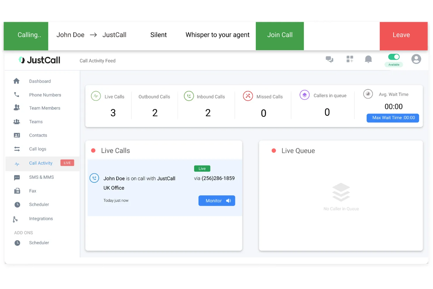 JustCall screenshot - 10 Mejores Softwares de Guiones para Centros de Llamadas de 2026