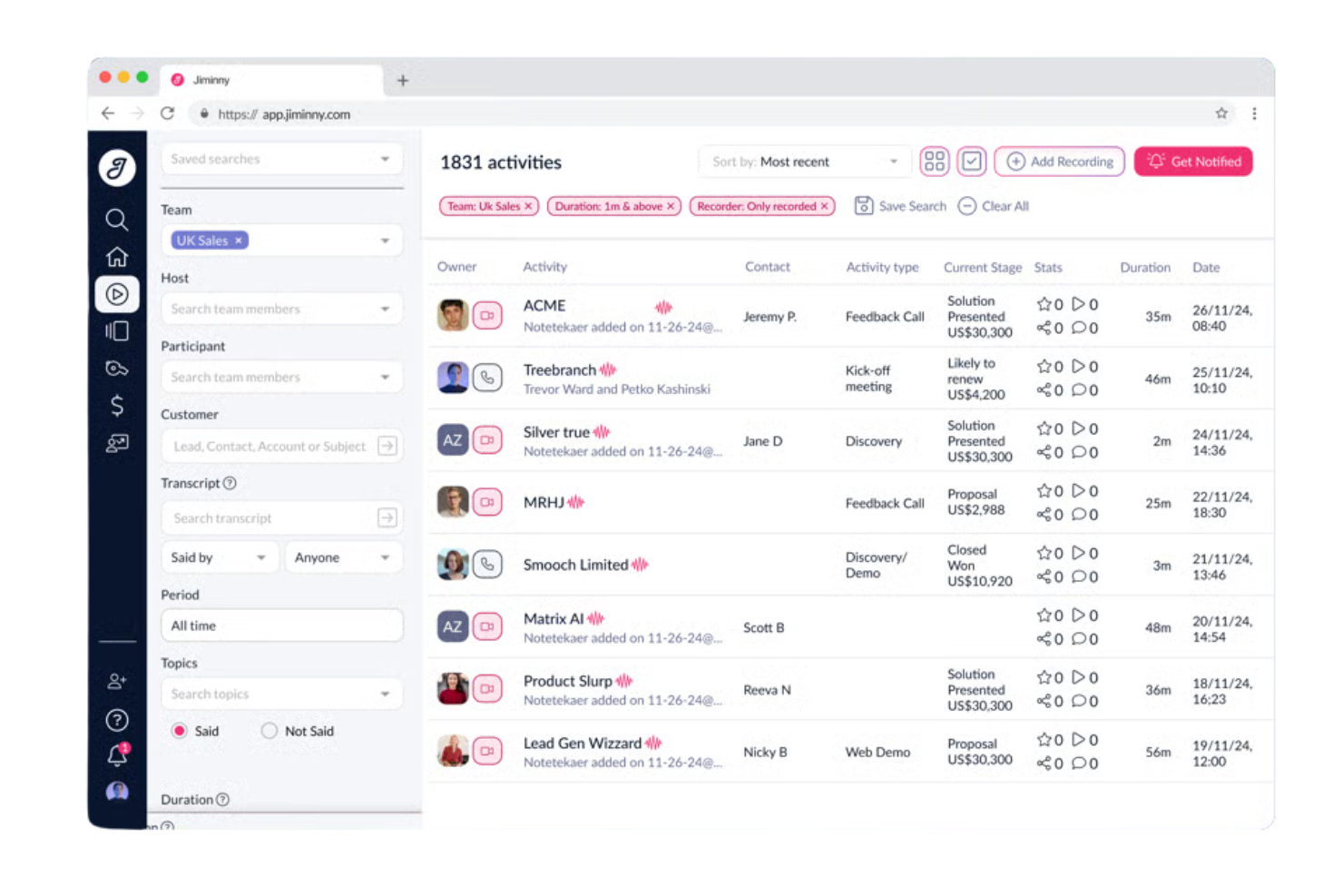 Jiminny screenshot - 10 migliori alternative a Salesloft recensite nel 2026