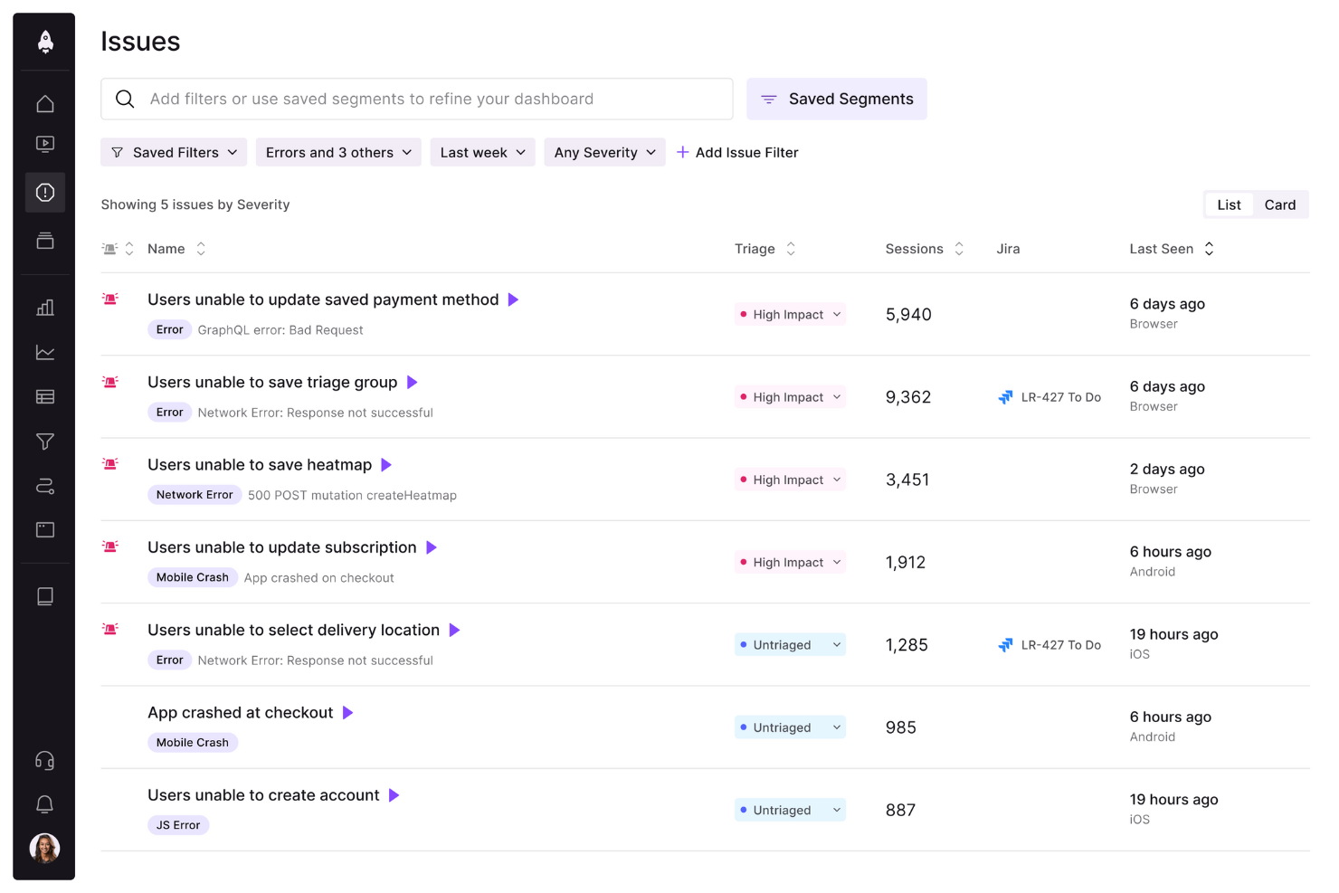 LogRocket screenshot - 10 migliori alternative a Sentry selezionate per il 2026