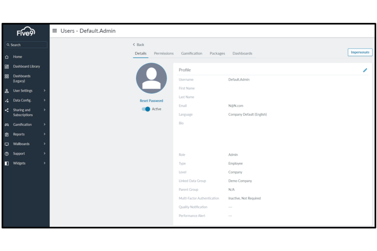 Five9 manages users, permissions, roles, and dashboard settings.