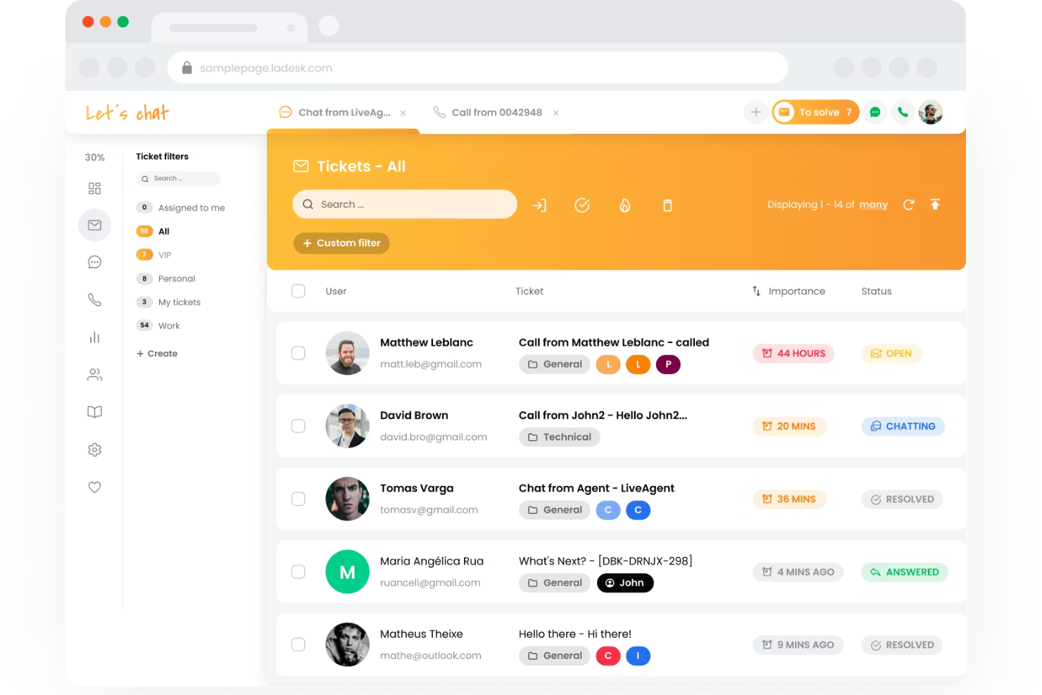 Manage calls, chats, and emails from a single, streamlined support dashboard.