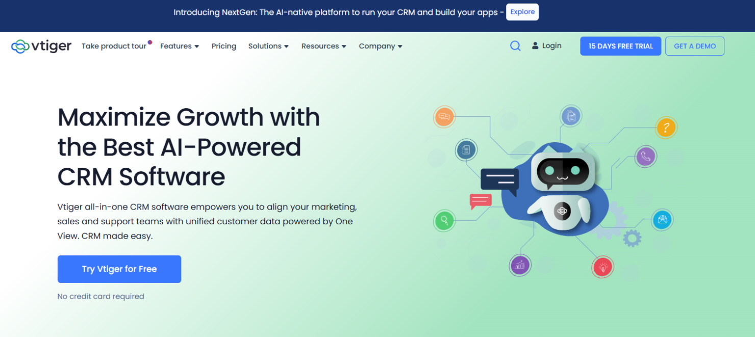 Vtiger CRM centralizes sales, support, and marketing for SMB growth.