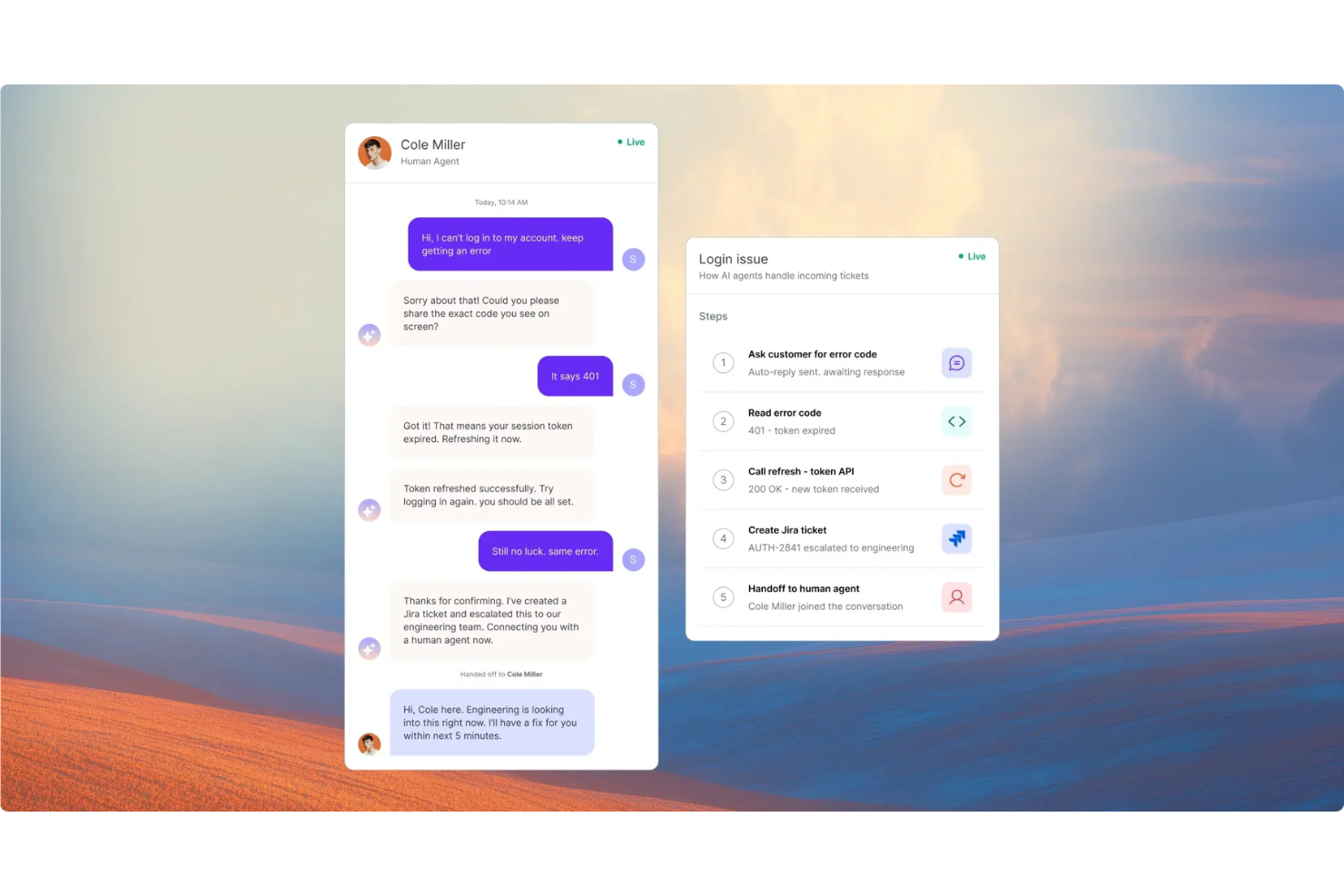 Hiver offers an AI agent workflow panel that automatically handles login issue tickets by reading error codes, calling APIs, creating Jira tickets, and escalating to a human agent.
