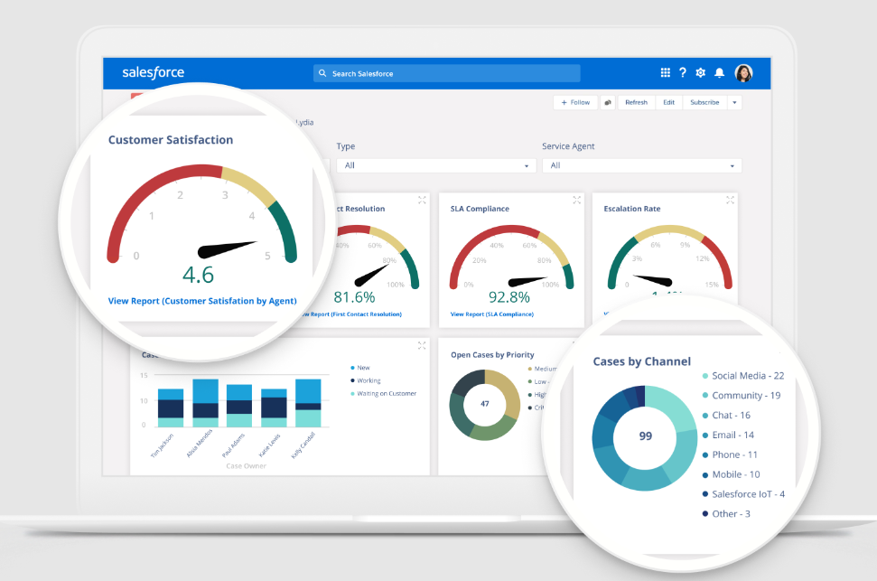 Salesforce Service Cloud software review, a screenshot of the tool's dashboard