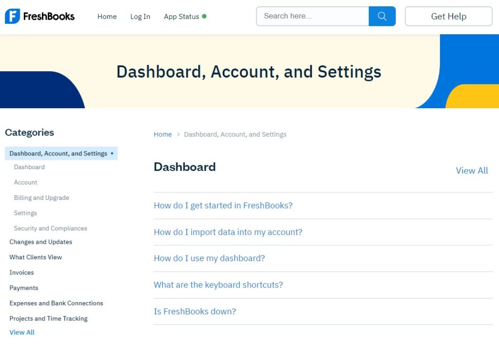 freshbooks dashboard, account and settings screenshot