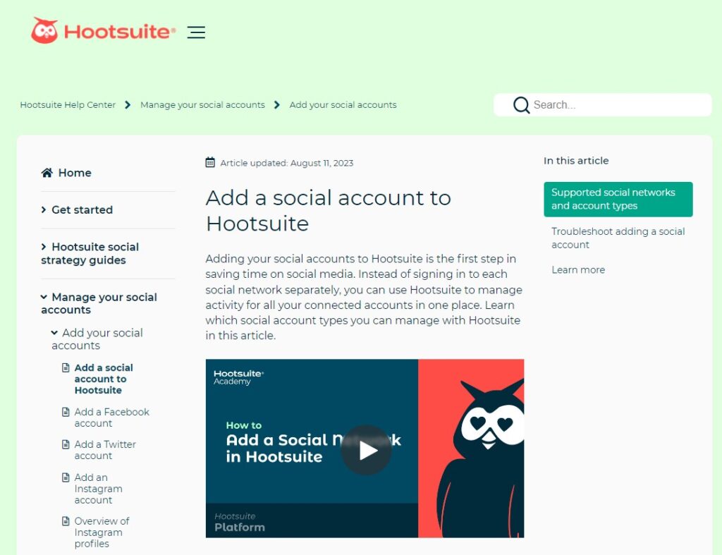 hootsuite help center and more screenshot