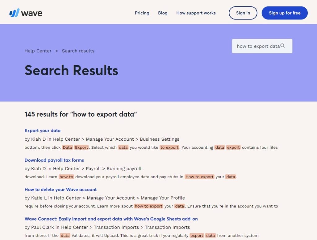 wave search results for help screenshot