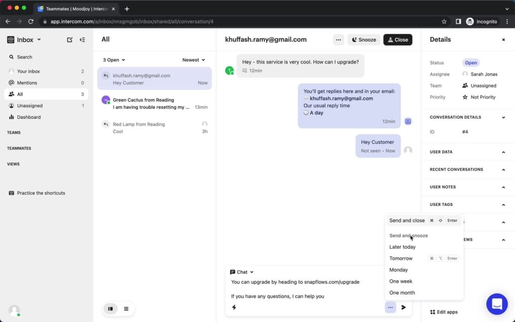 Intercom review managing support feature interface