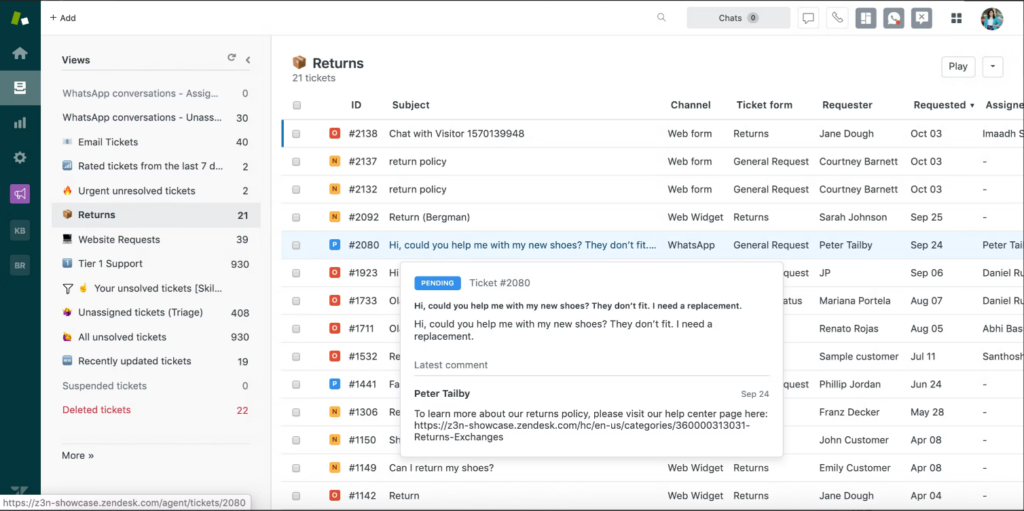 A screenshot focused on the views feature of Zendesk for Service. 