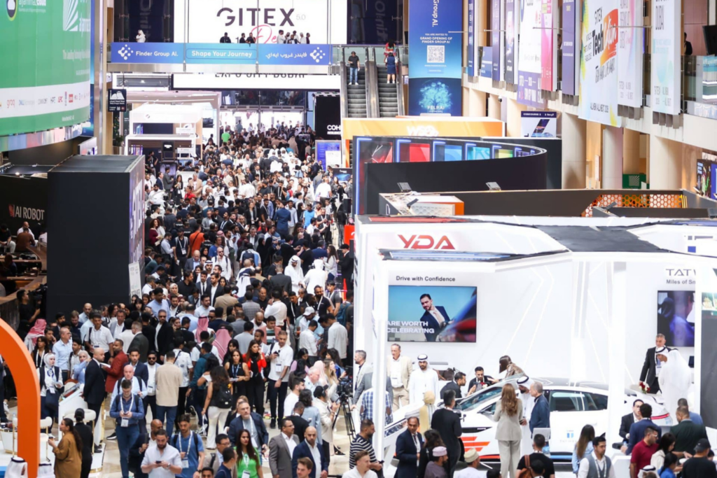 Massive crowd of tech visionaries and industry leaders at the 2025 GITEX Global expo hall