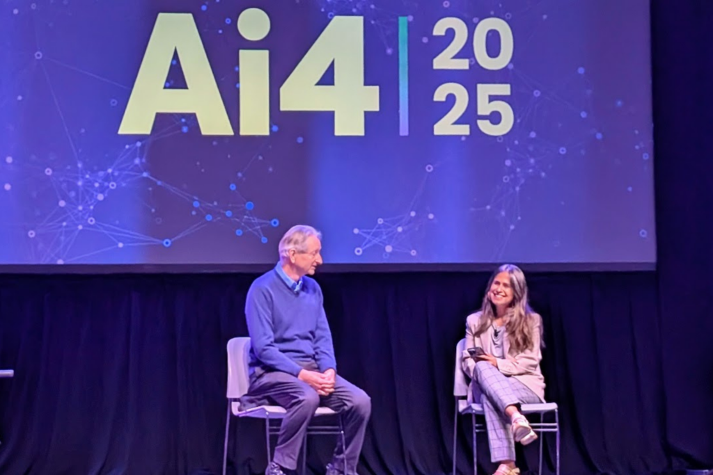 Geoffrey Hinton and Shireen Ghaffary on stage at Ai4 2025