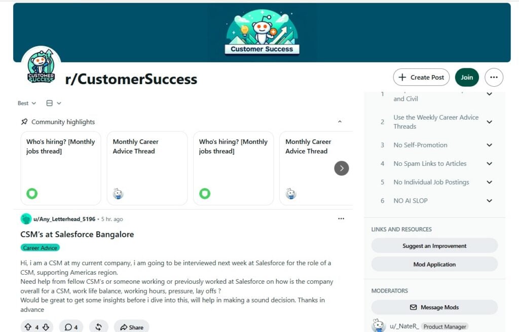 Screenshot of the r/CustomerSuccess reddit page