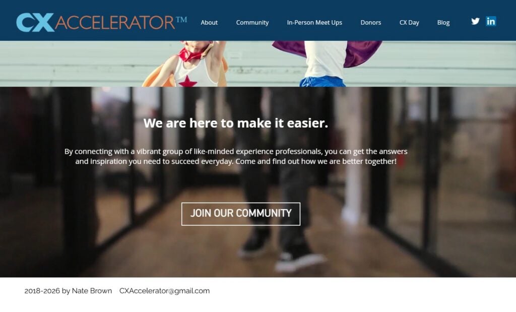 The CX Accelerator's community landing page screenshot