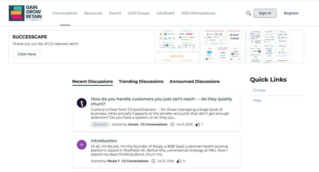 Screenshot of the discussion page of Gain Grow Retain community