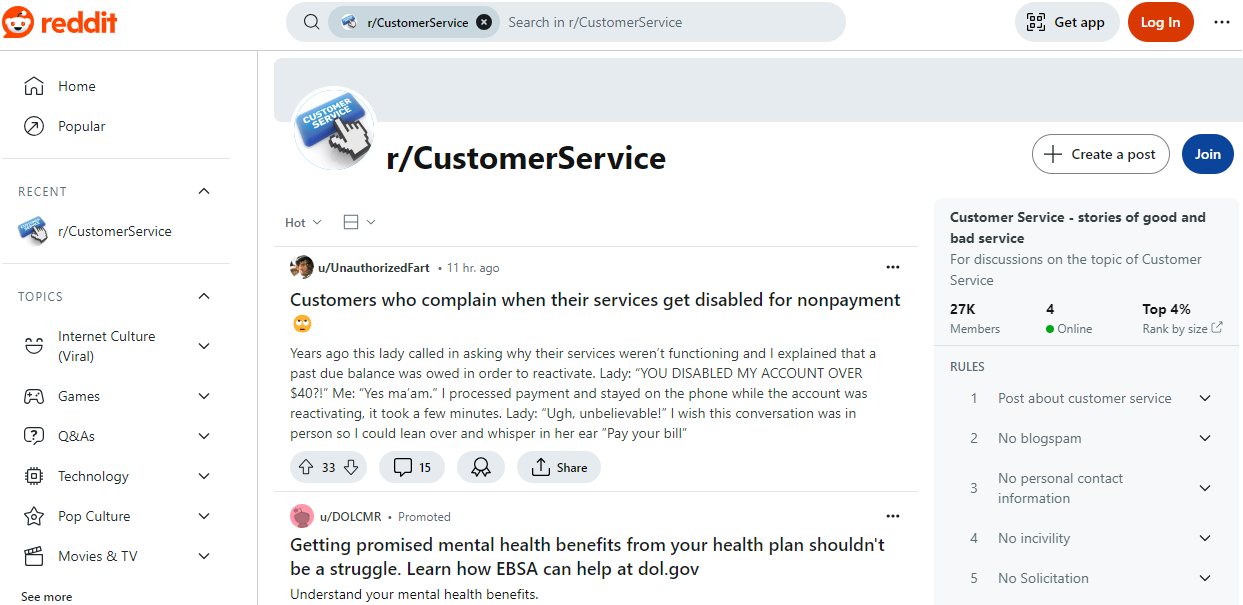 r/CustomerService website screenshot