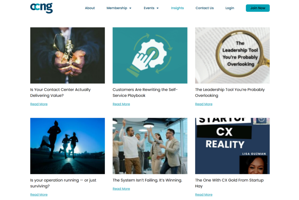 CCNG website showcasing contact centre insight articles and membership resources