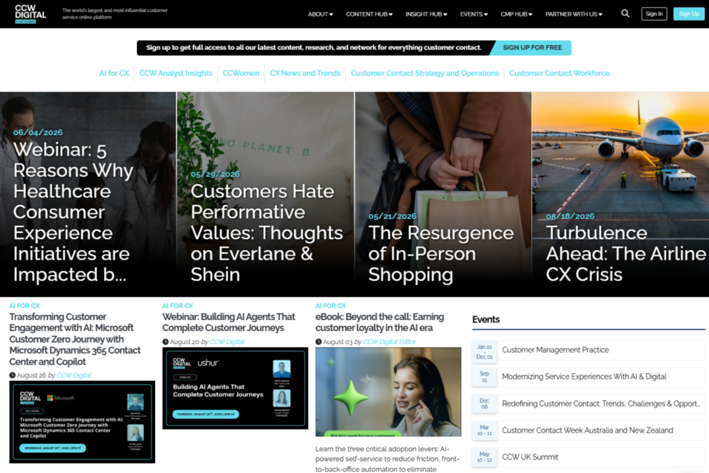 CCW Digital homepage featuring customer experience articles, webinars, and upcoming events