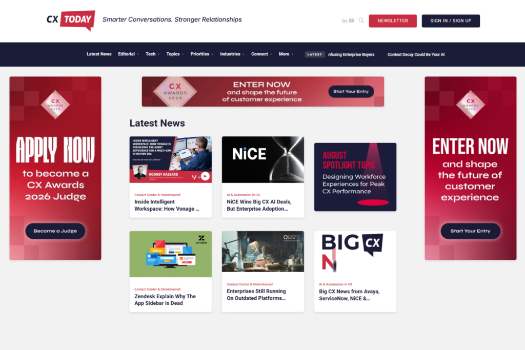 CX Today homepage showing customer experience news, featured stories, and industry updates