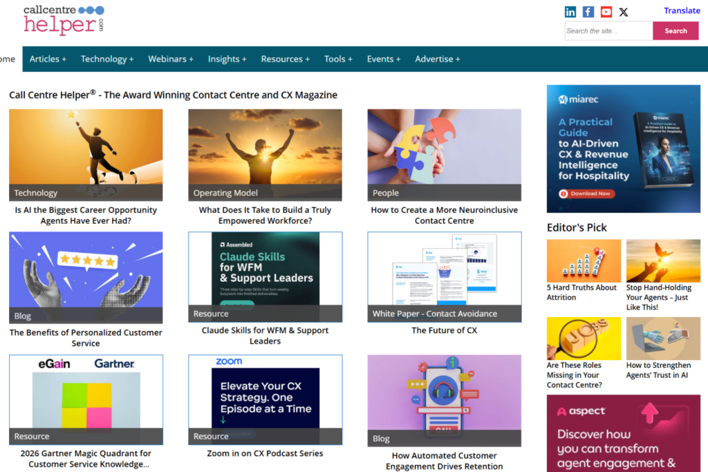 Call Centre Helper homepage featuring contact centre articles, resources, and editor's picks