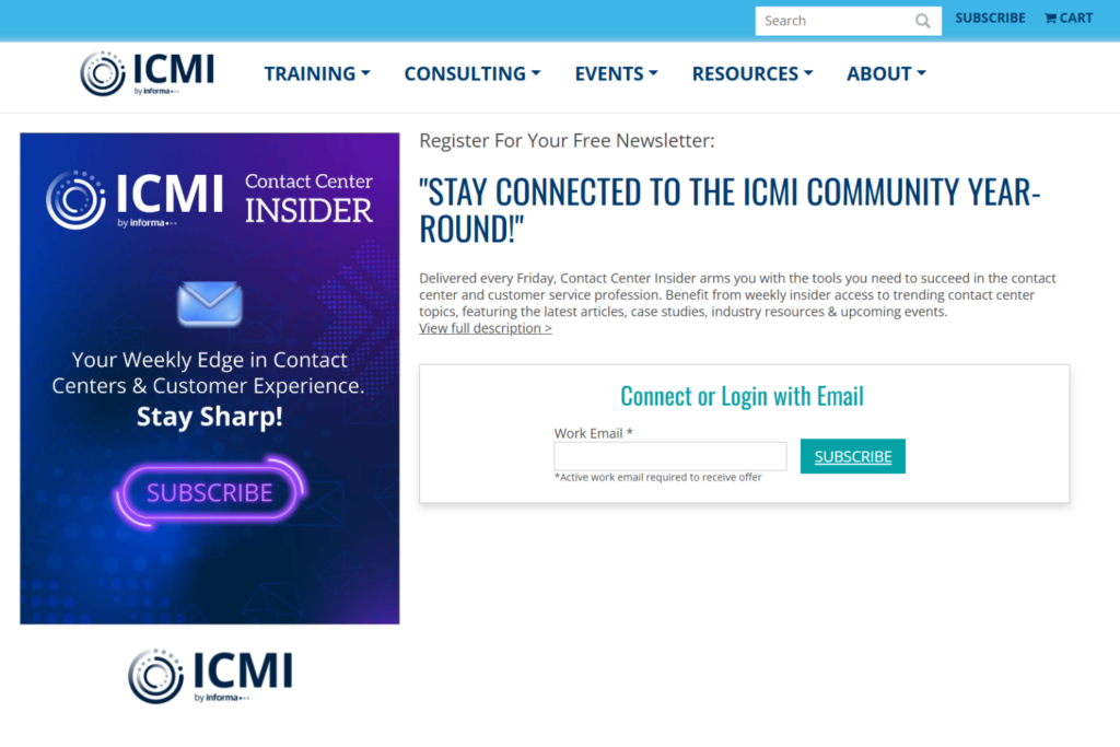 Contact Center Insider newsletter signup page with subscription form and weekly overview