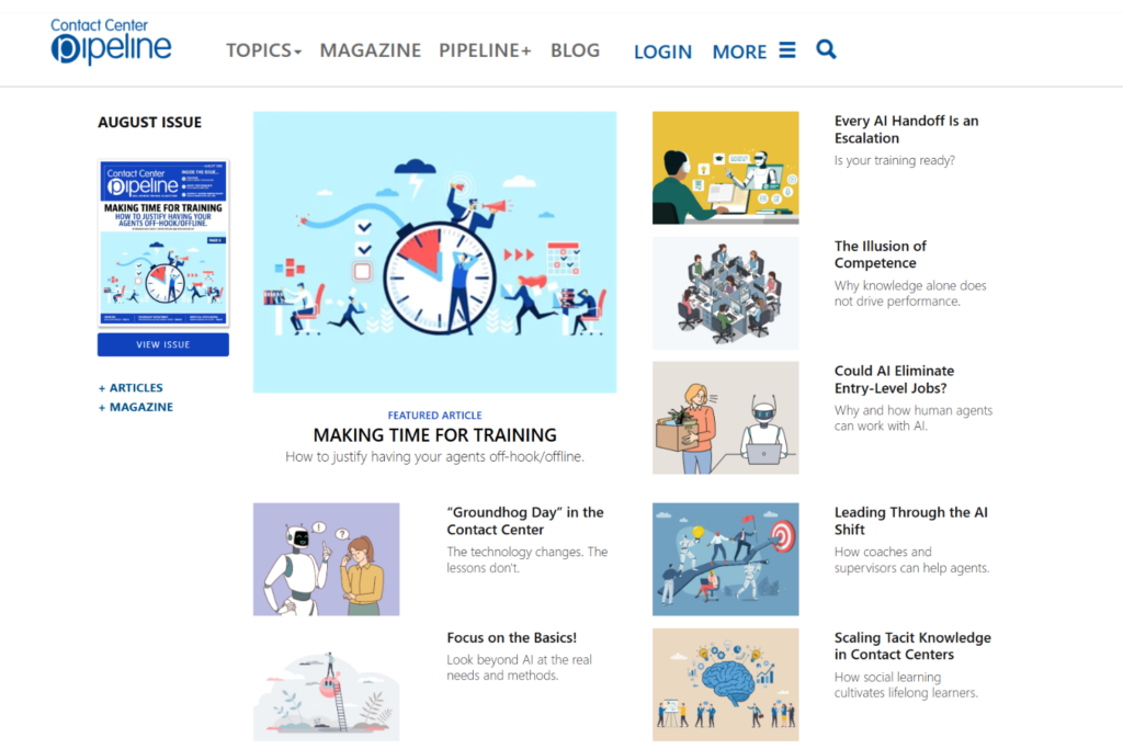 Contact Center Pipeline homepage featuring magazine articles on AI, training, and contact centres