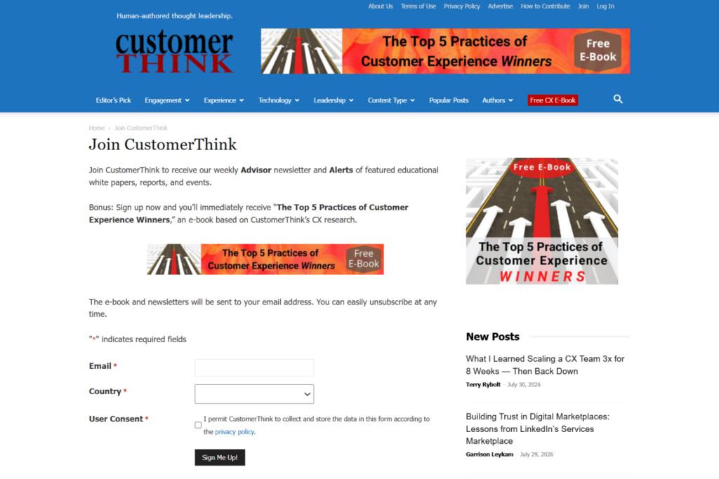 CustomerThink newsletter signup page featuring subscription form and customer experience resources