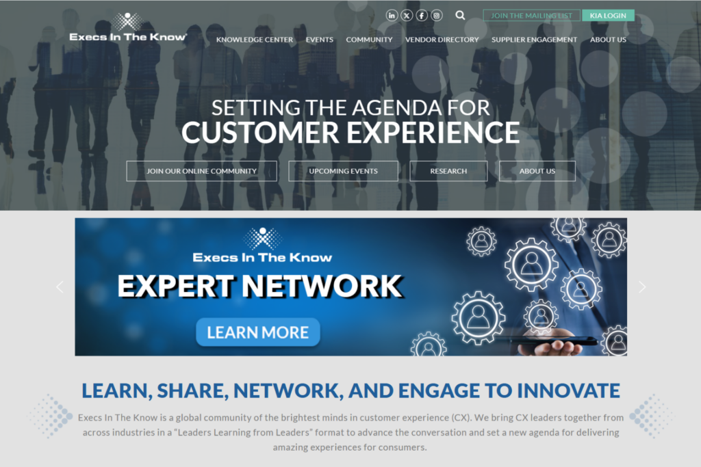 Execs In The Know homepage featuring CX community resources, events, and expert network