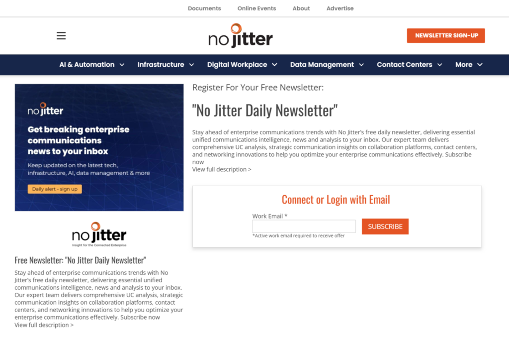 No Jitter newsletter signup page with daily subscription form and enterprise communications topics